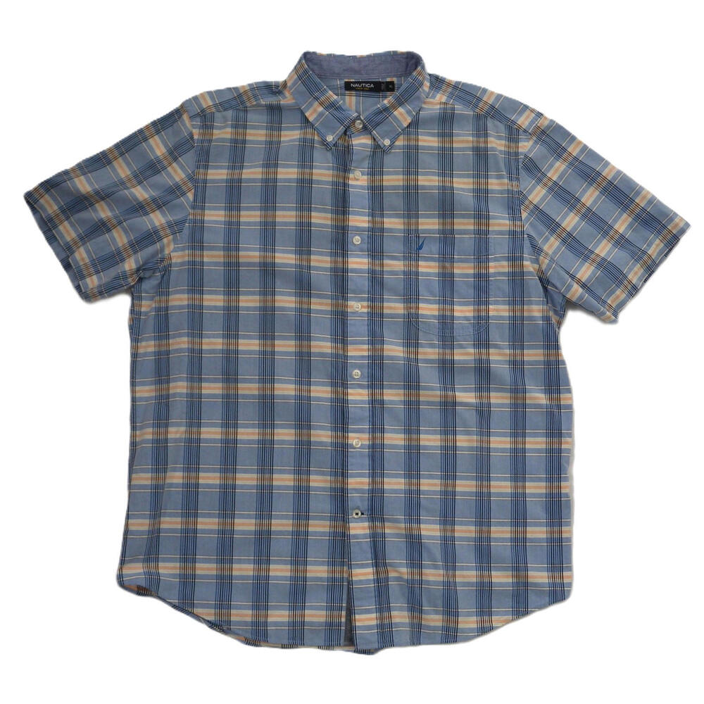 Nautica Mens Blue White Yellow Plaid Shirt Button Down Short Sleeve Cotton XL